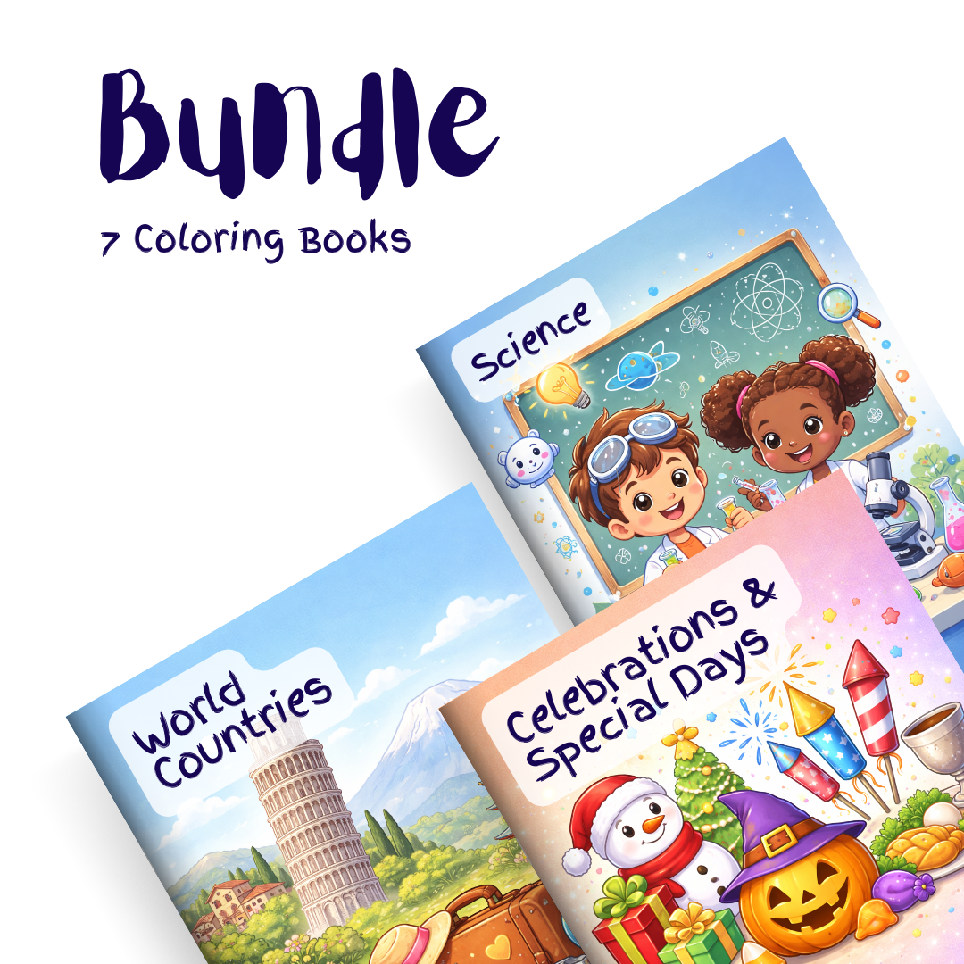 Science, Countries & Celebrations Bundle – 7 Coloring Books